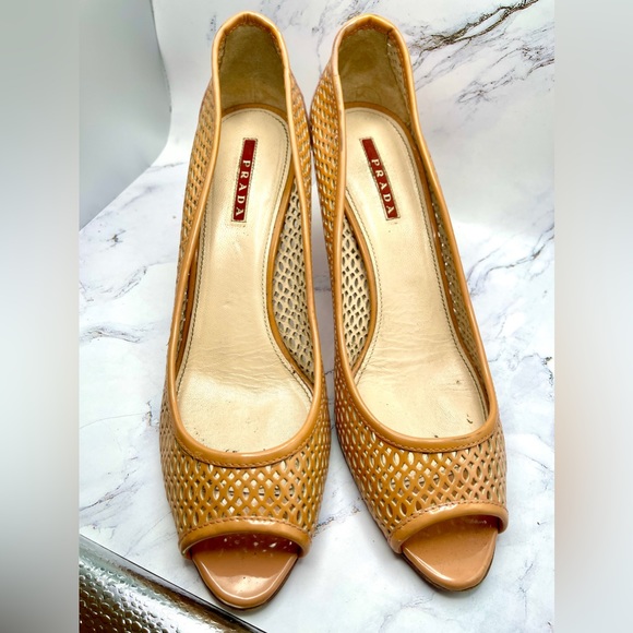 Prada Women's Tan Leather Peep Toe Pump - Picture 5 of 10